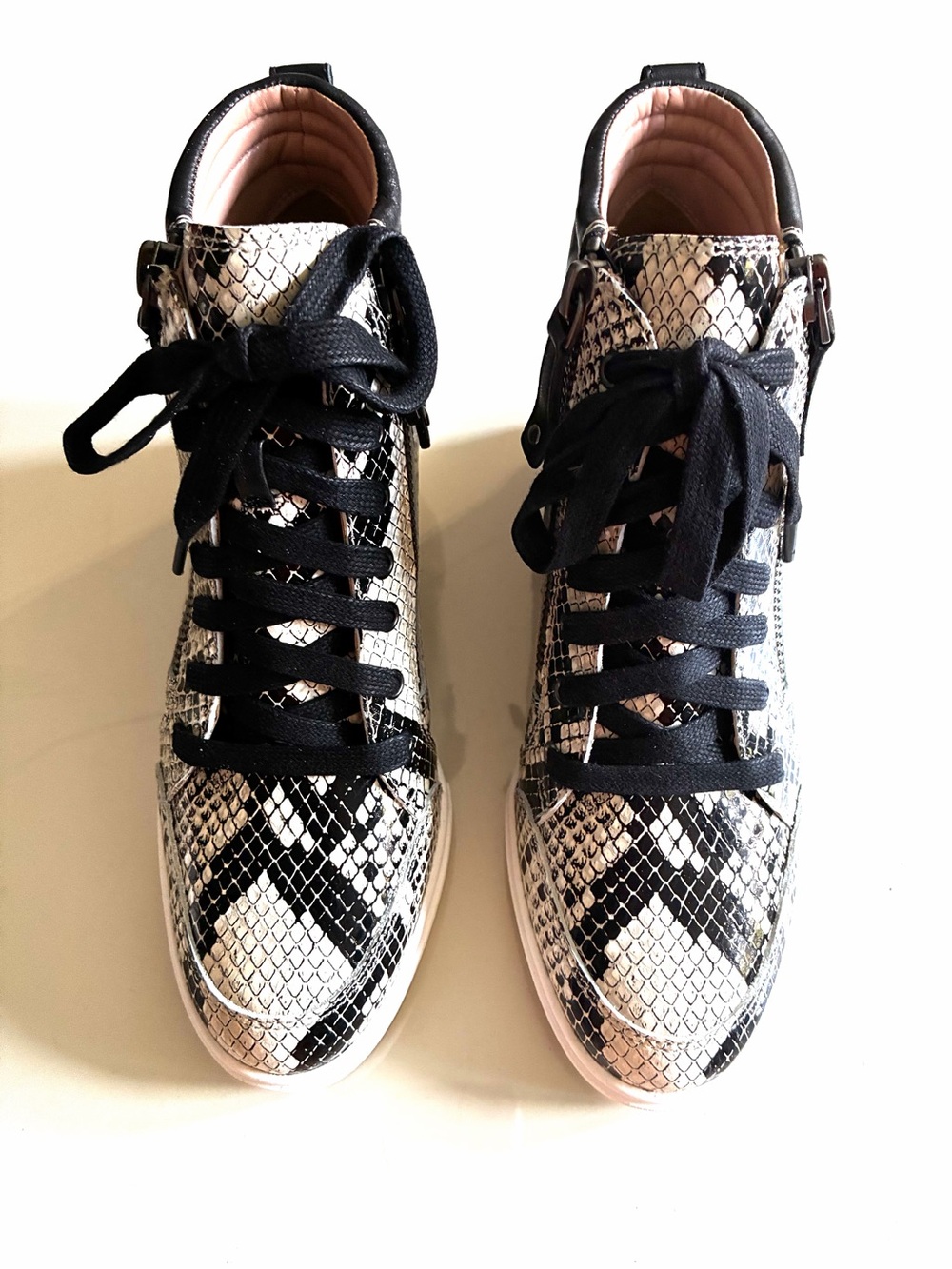 Linea Paolo Women's Snake-Print Wedge Sneakers in Black & White.Genuine leather.